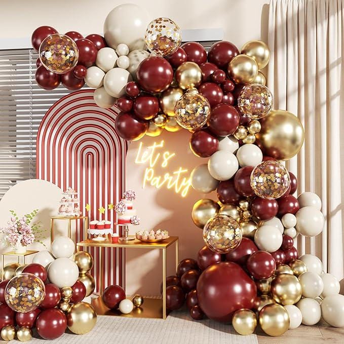 Burgundy Balloon Arch Kit 140Pcs Maroon Gold White Confetti Balloons Party Décor