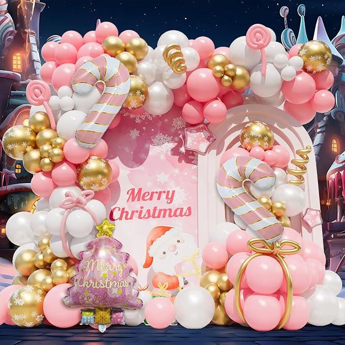 Christmas Balloon Arch Kit: Pink, White & Gold Party Decor