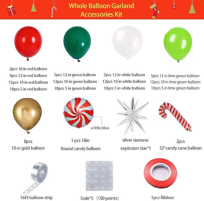 Christmas Balloon Arch Kit: Red, Green, Gold Star Decor