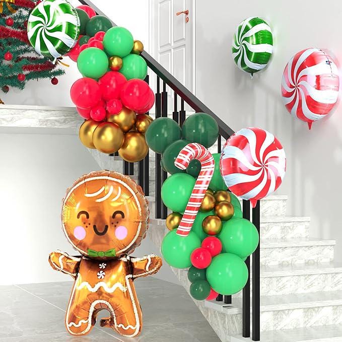 Gingerbread Balloon Arch Kit 80Pcs Red Green Gold Candy Cane Mylar Balloons Décor