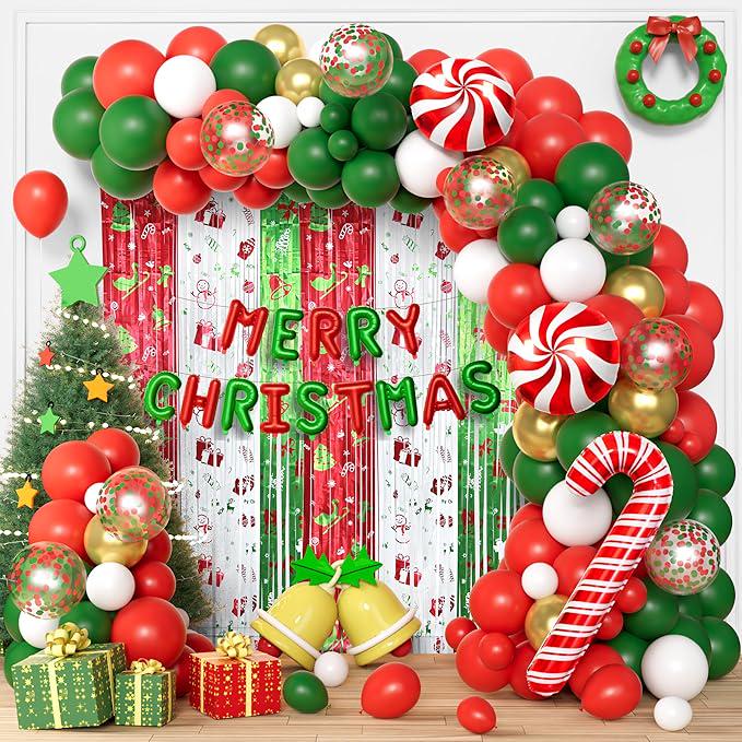 Christmas Balloon Arch Kit with Metallic Fringe Curtains Merry Banner and Candy Cane Balloons