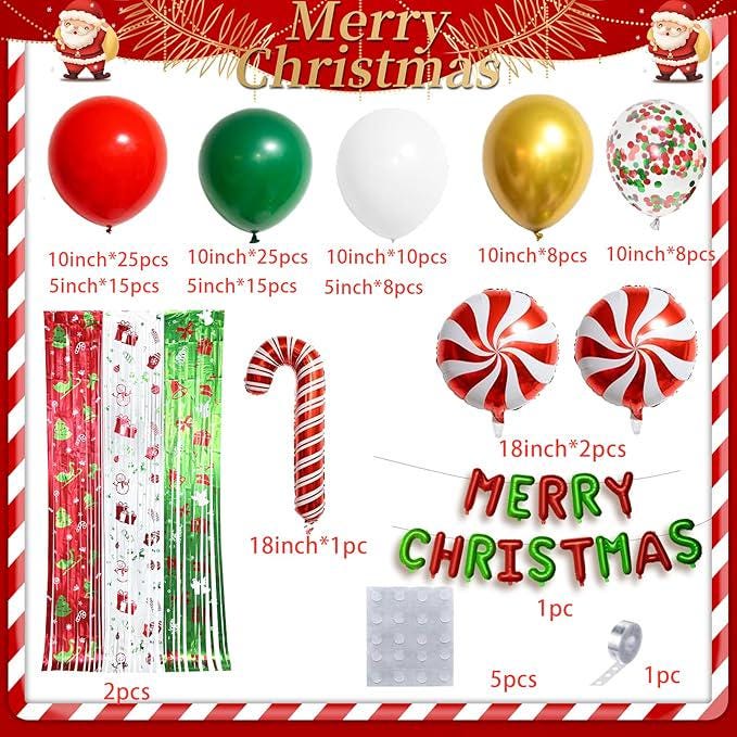 Christmas Balloon Arch Kit with Metallic Fringe Curtains Merry Banner and Candy Cane Balloons