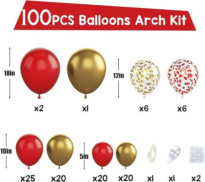 Red Gold Balloon Arch Kit 100Pcs Metallic and Confetti Balloons for Party Decorations