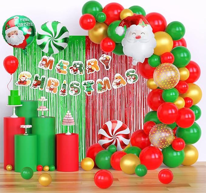 Christmas Balloon Arch Kit 71Pcs Gold Red Green Balloons with Foil Fringe Curtain Backdrop