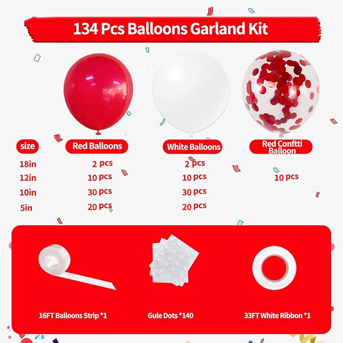 Red White Balloon Arch Kit 134Pcs Matte and Confetti Balloons for Wedding Birthday Party