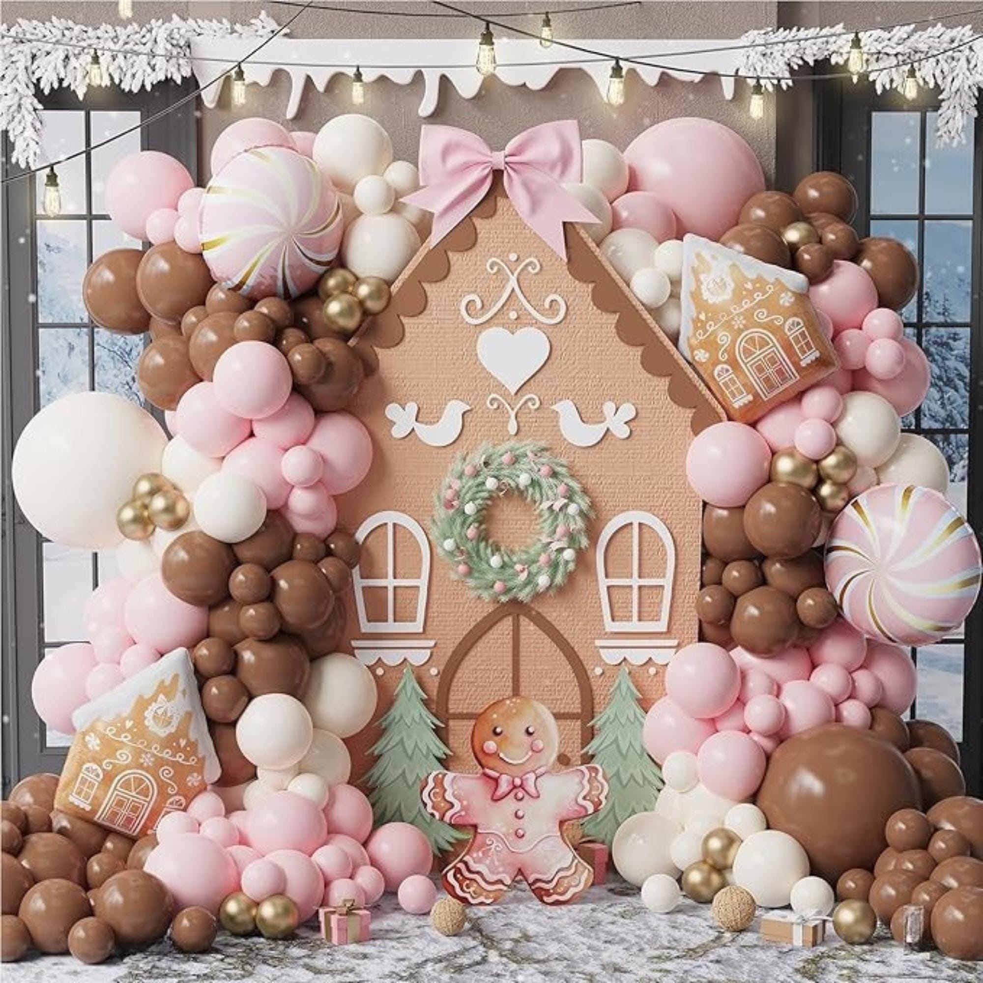 Gingerbread Balloon Arch Kit 147Pcs Pink Brown with Candy and Gingerbread House Foil Balloons