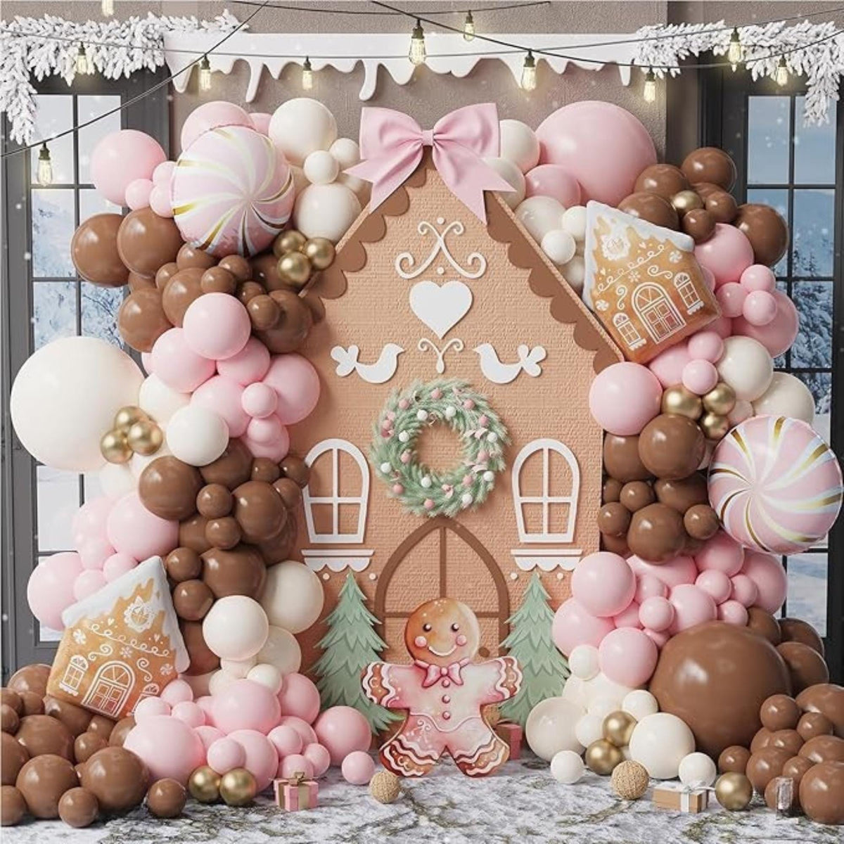 Gingerbread Balloon Arch Kit 147Pcs Pink Brown with Candy and Gingerbread House Foil Balloons