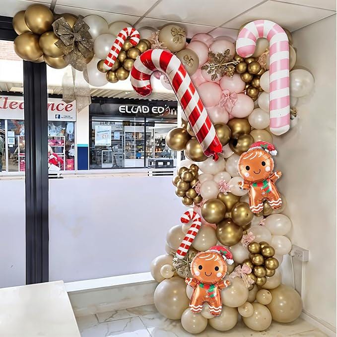 Pastel Pink Beige Christmas Balloon Arch Kit 138Pcs with Candy Cane Gingerbread Foil Balloons