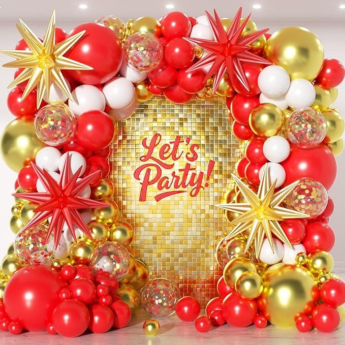 Red, White & Gold Balloon Arch Kit: Star Confetti Balloons
