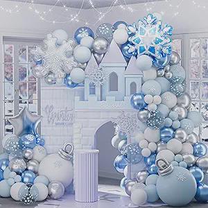 155-Piece Winter Snowflake Balloon Arch Kit with Blue Silver White Balloons and Foils