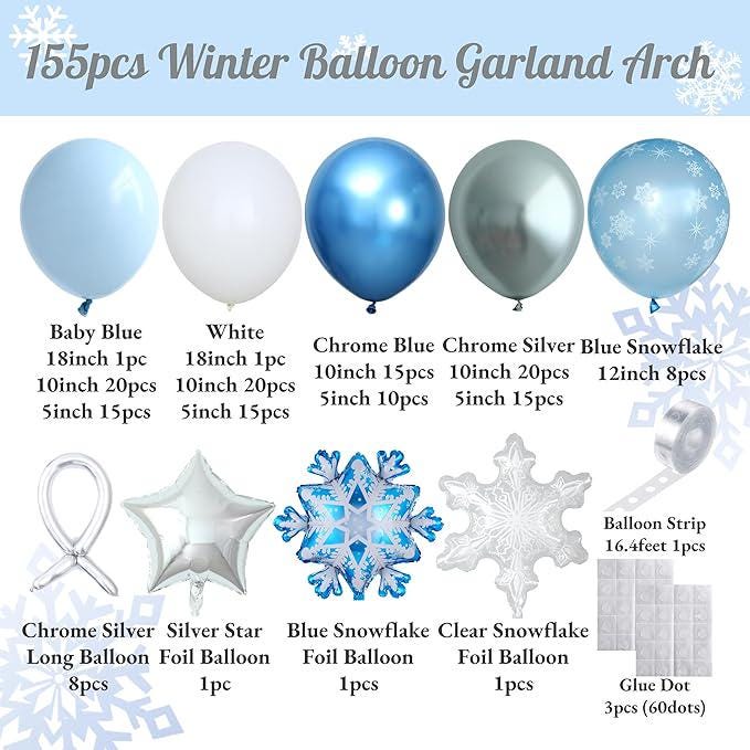 155-Piece Winter Snowflake Balloon Arch Kit with Blue Silver White Balloons and Foils