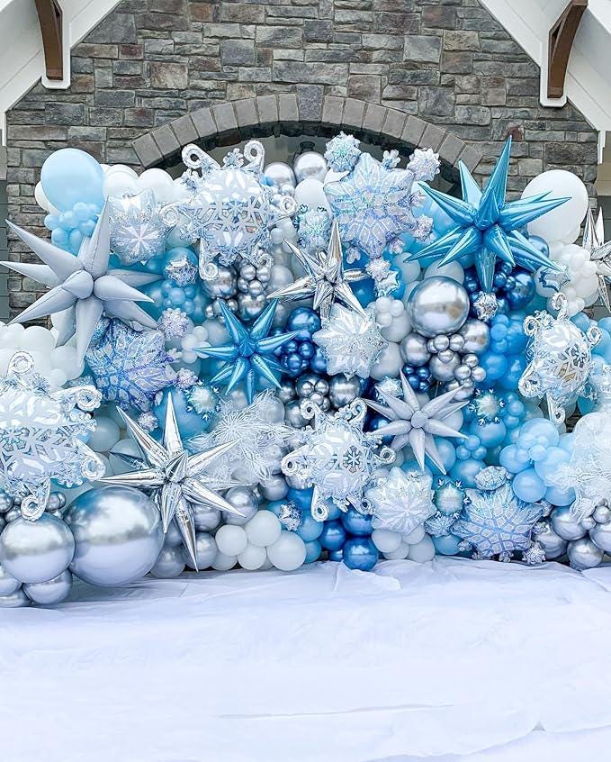 155-Piece Winter Snowflake Balloon Arch Kit with Blue Silver White Balloons and Foils