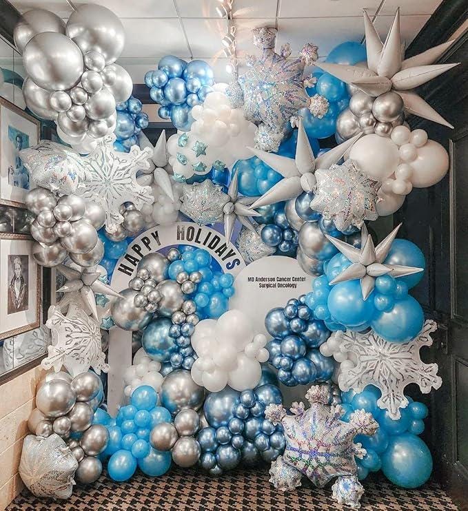 155-Piece Winter Snowflake Balloon Arch Kit with Blue Silver White Balloons and Foils