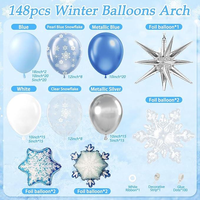 148-Piece Blue Snowflake Balloon Arch Kit with Metallic Silver White Balloons for Winter Party