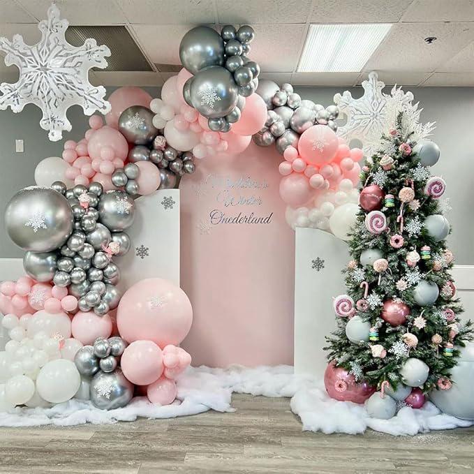 Glitter Snowflake Balloon Arch Kit: Pink, Silver, Red, Winter Birthday Party
