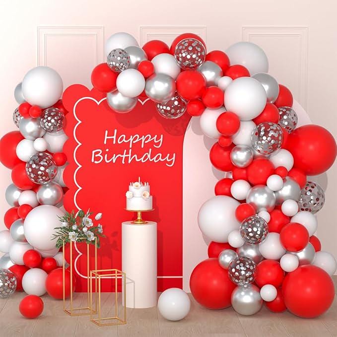 Red White and Silver Balloon Arch Kit with Confetti Balloons for Birthday Wedding Party