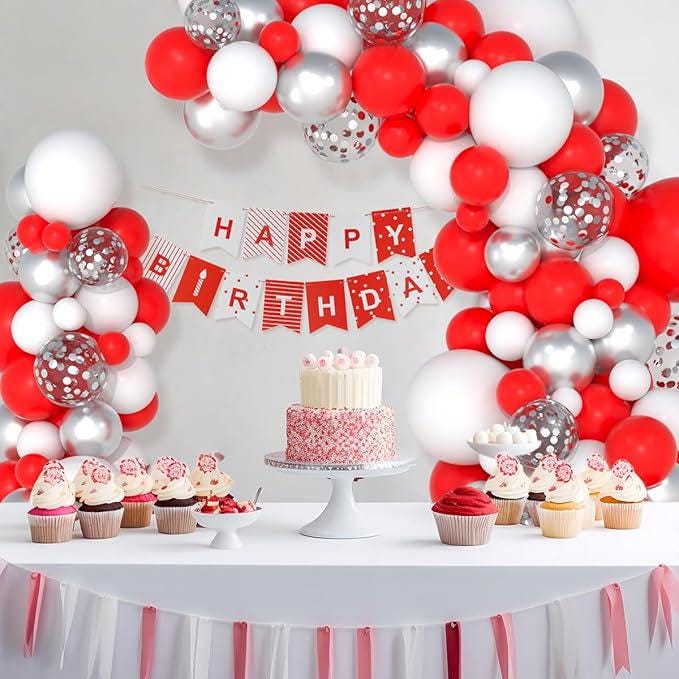 Red White and Silver Balloon Arch Kit with Confetti Balloons for Birthday Wedding Party