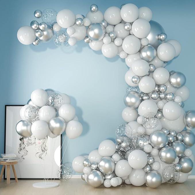 White and Silver Balloon Arch Kit with Metallic and Confetti Balloons for Winter Party