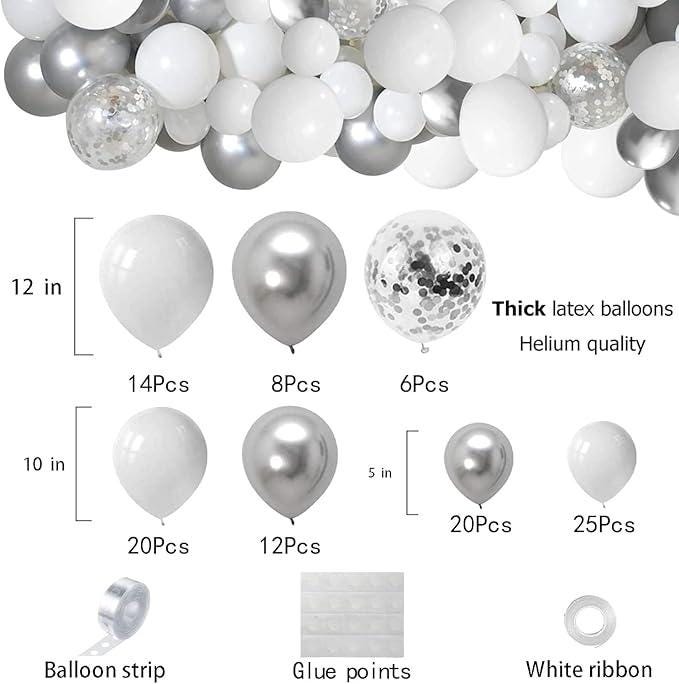 White and Silver Balloon Arch Kit with Metallic and Confetti Balloons for Winter Party