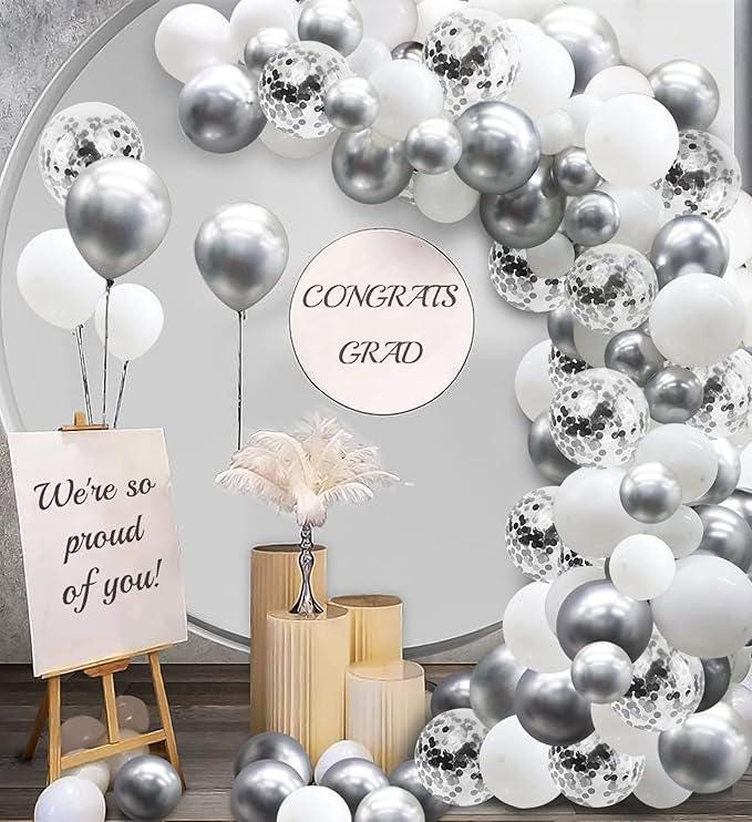 White and Silver Balloon Arch Kit with Metallic and Confetti Balloons for Winter Party