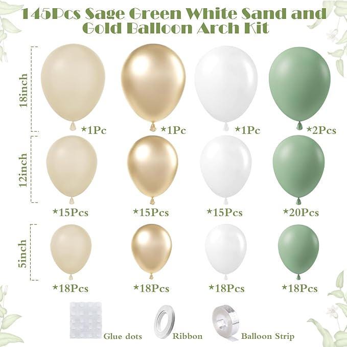 145-Piece Sage Green White and Gold Balloon Arch Kit for Wedding Birthday Party Decor