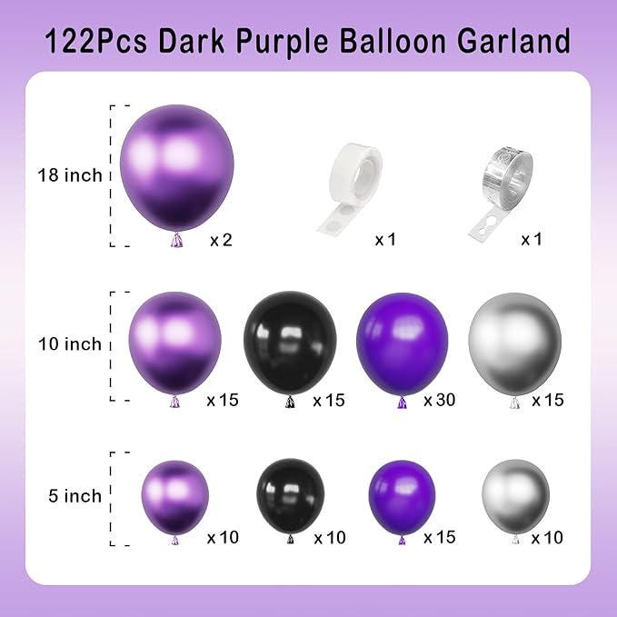122-Piece Dark Purple and Black Balloon Arch Kit with Silver Metallic Balloons for Party