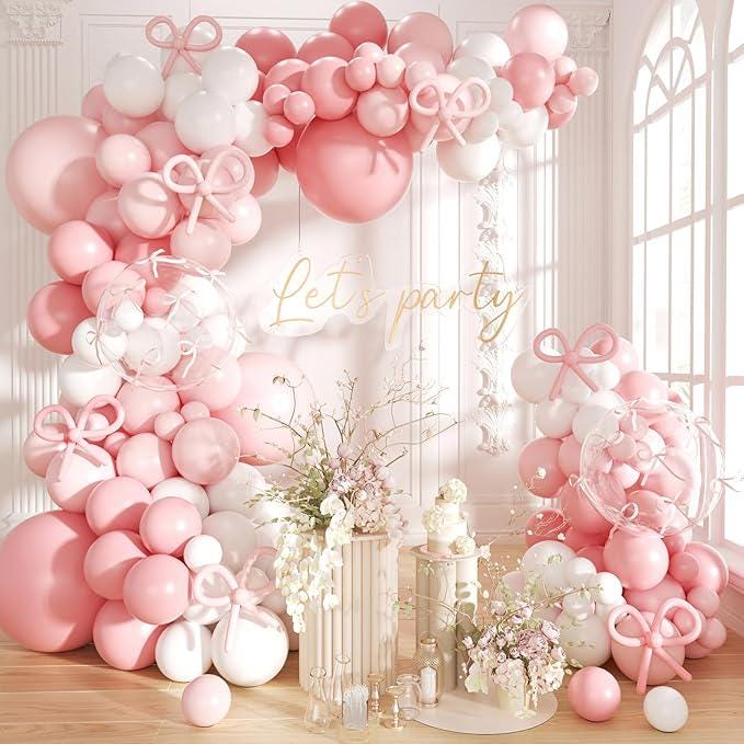 Pink and White Balloon Arch Kit with Bow Balloons - Party Decor