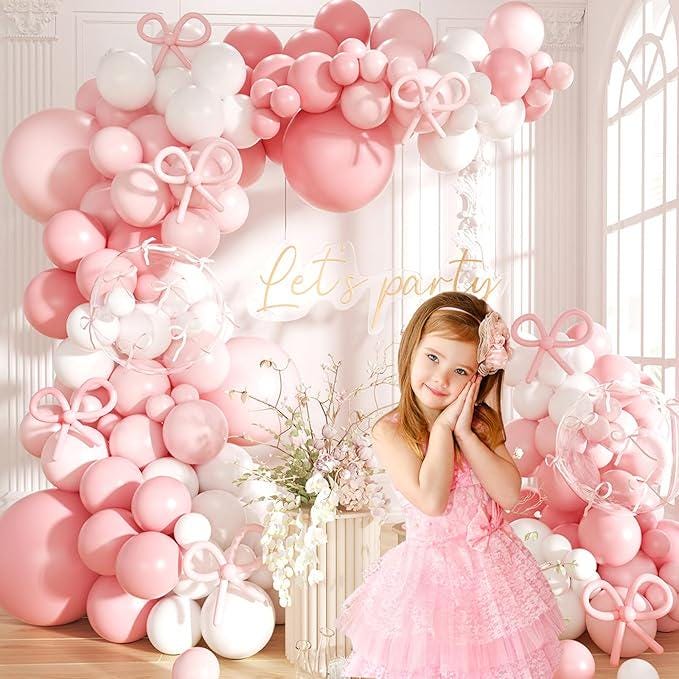 Pink and White Balloon Arch Kit with Bow Balloons - Party Decor