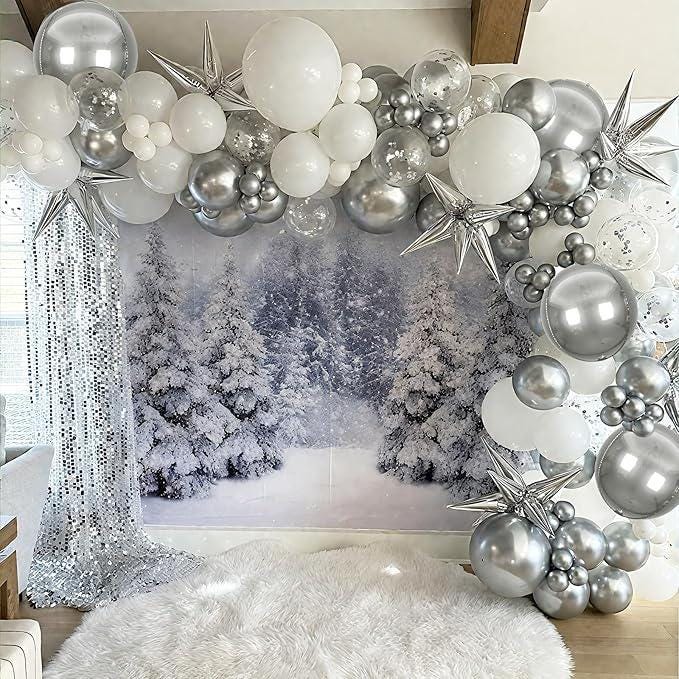 White Silver Balloon Garland Arch Kit 113 Pcs for Christmas & Winter Parties