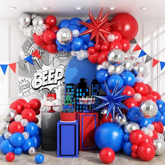 Red Blue Silver Balloon Garland Arch Kit with Star Foil Balloons for Party Decor