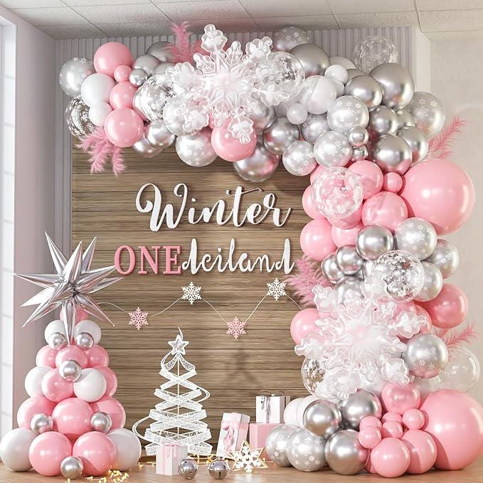 143 Pcs Pink Winter Wonderland Balloon Arch Kit with Snowflake Balloons for Decor