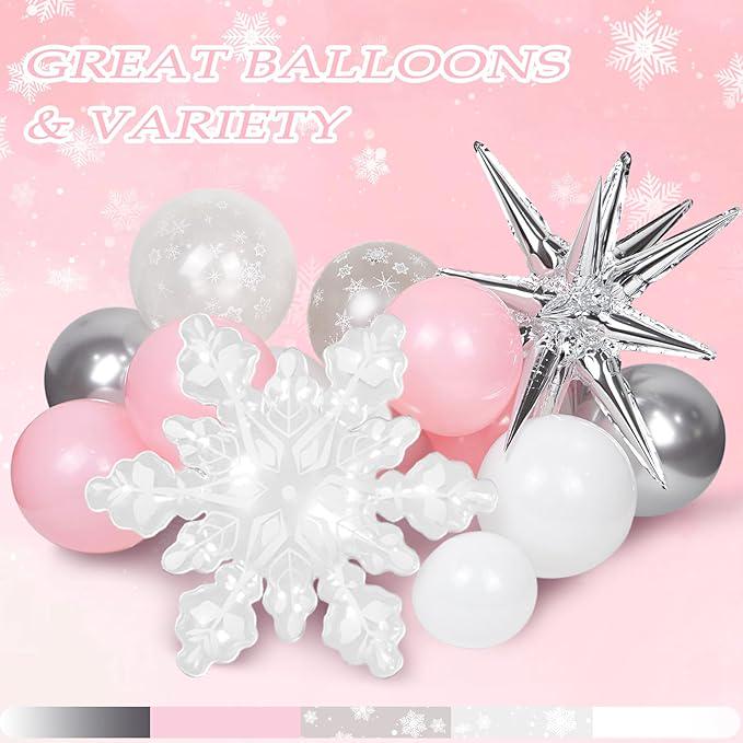 143 Pcs Pink Winter Wonderland Balloon Arch Kit with Snowflake Balloons for Decor