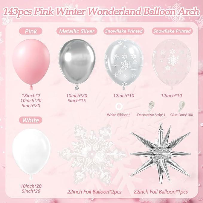 143 Pcs Pink Winter Wonderland Balloon Arch Kit with Snowflake Balloons for Decor