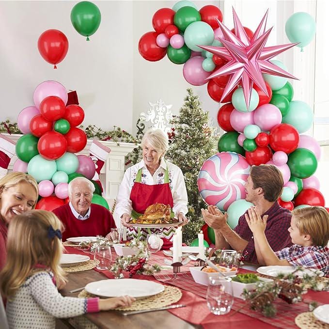 Christmas Balloon Arch Kit 107 Pcs Pink Green Red Balloons for Holiday Party Decor