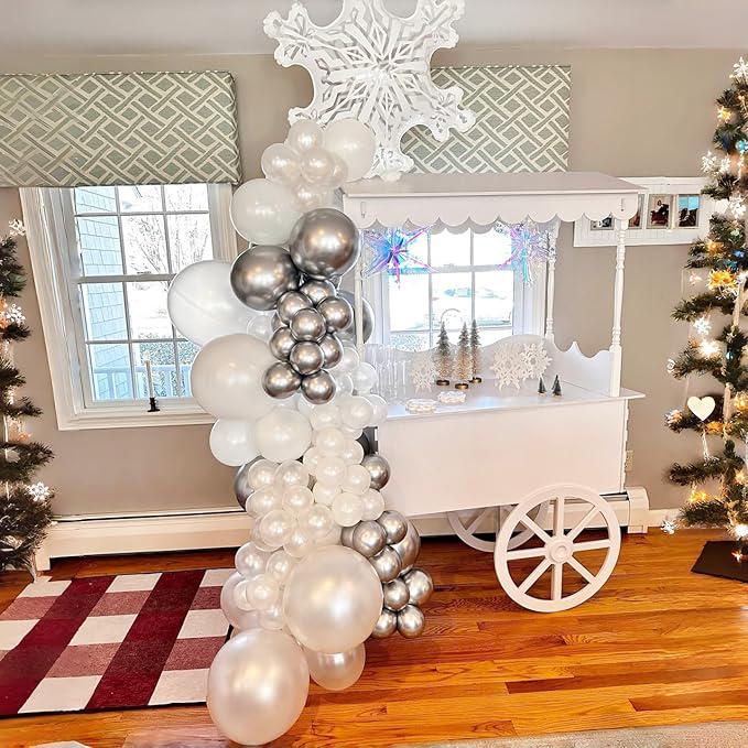 Pearl White & Silver Snowflake Balloons 12-Inch for Winter, Wedding and Xmas Parties