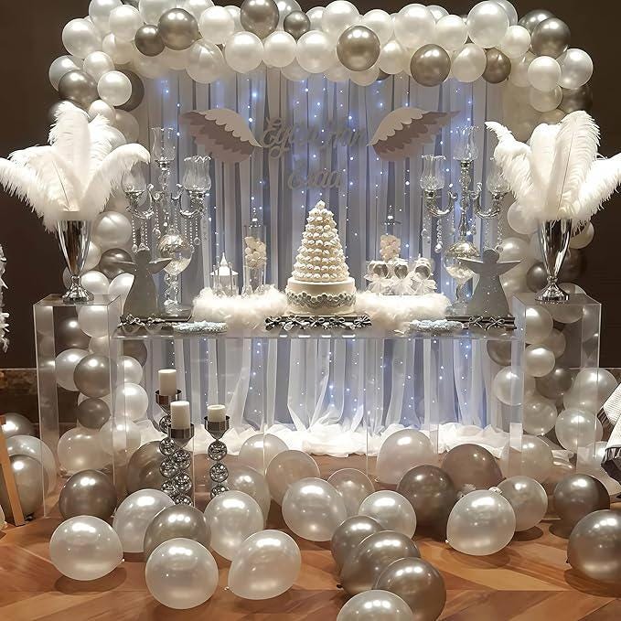 Pearl White & Silver Snowflake Balloons 12-Inch for Winter, Wedding and Xmas Parties