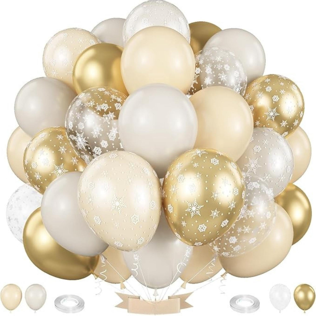 Beige & Gold Snowflake Balloons Set for Winter, Wedding, Xmas and Party Decor