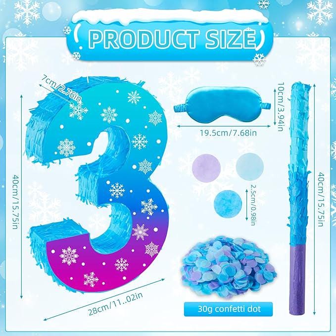 Snowflake Number 3 Pinata with Stick, Blindfold, and Confetti for Winter Birthday Party