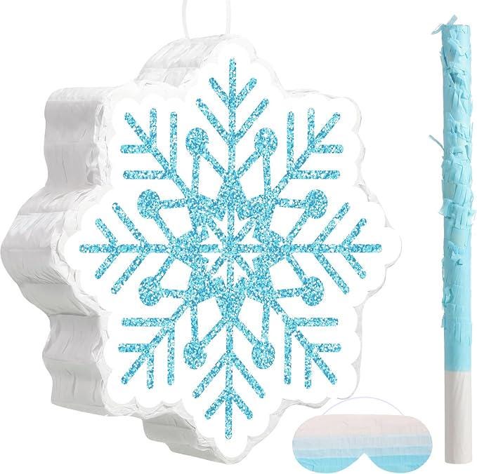 Winter Wonderland Christmas Pinata with Blindfold and Bat for Snowflake Theme Party