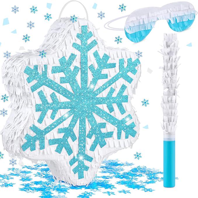 Blue Snowflake Pinata with Pull String for Winter Theme Birthday and Christmas Party Decor