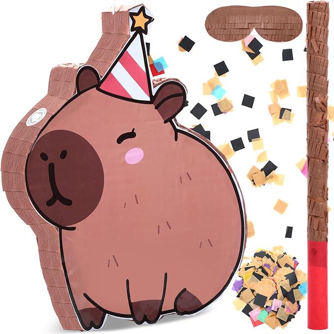 Christmas Capybara Piñata with Stick Blindfold and Confetti for Kids Party Fun