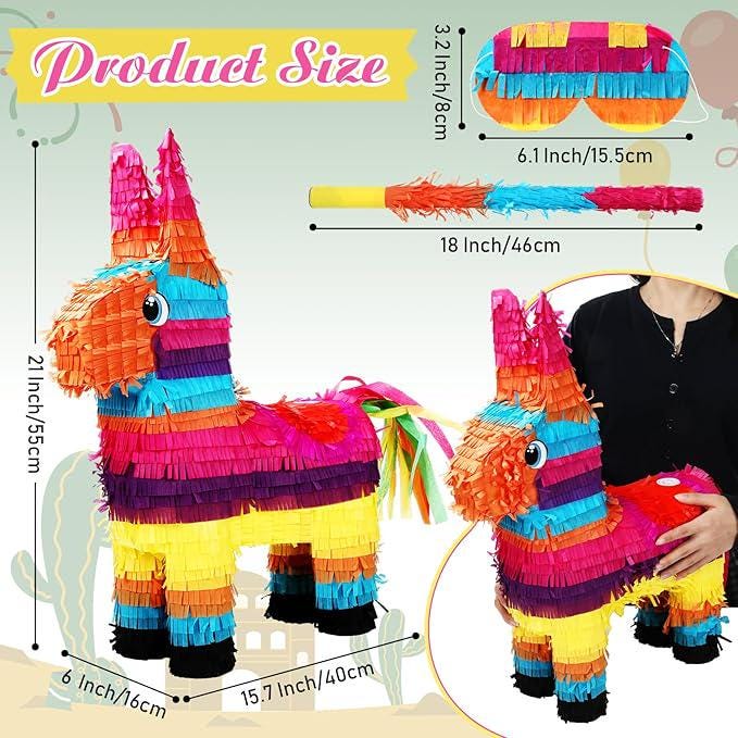21-Inch Rainbow Donkey Piñata for Birthday, Cinco de Mayo and Party Fun