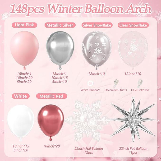 148-Piece Pink Winter Wonderland Balloon Arch Kit for Baby Shower & Birthday