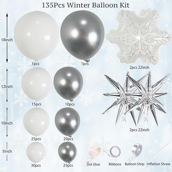 135-Piece Winter Balloon Arch Kit with White Silver Snowflakes for Party & Shower