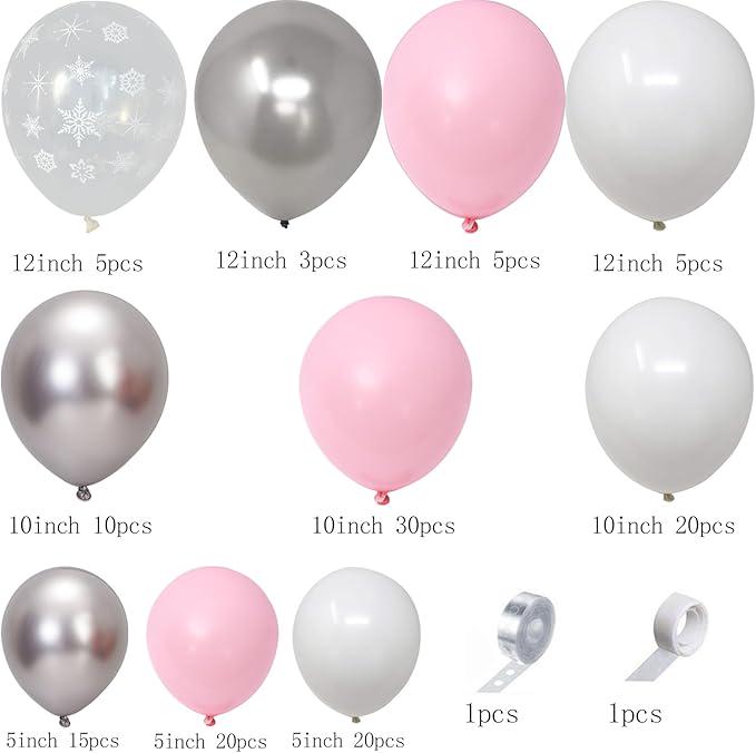 Pink Snowflake Balloon Arch Kit with White and Silver Balloons for Winter Parties