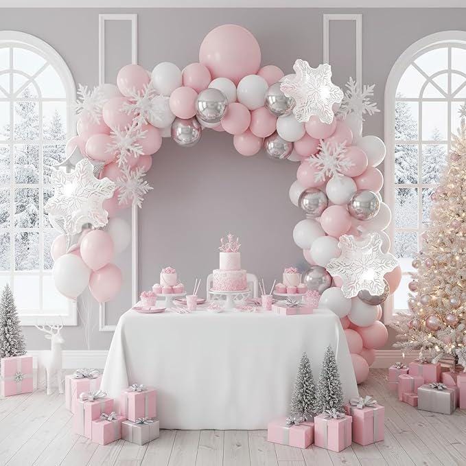 143-Piece Pink Winter Wonderland Balloon Arch Kit with White Silver Snowflakes