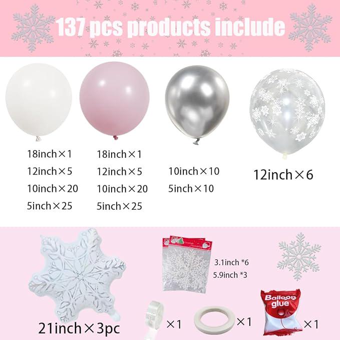 143-Piece Pink Winter Wonderland Balloon Arch Kit with White Silver Snowflakes