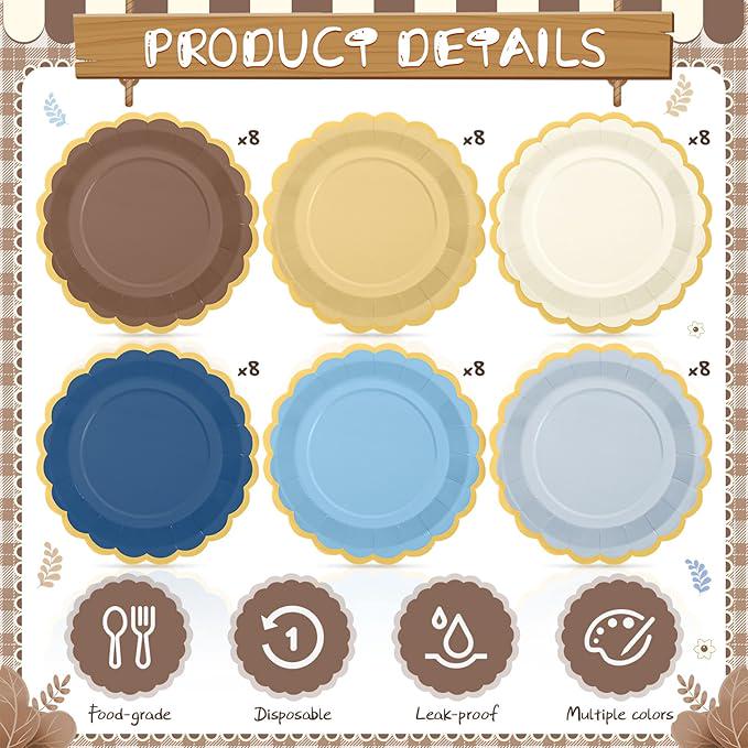 Blue Brown Gradient Scalloped Paper Plates 48 Pcs for Birthday Wedding Party