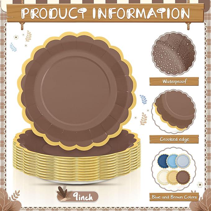 Blue Brown Gradient Scalloped Paper Plates 48 Pcs for Birthday Wedding Party