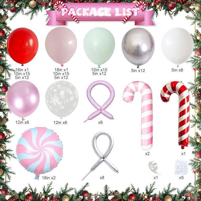 Pastel Pink Christmas Balloon Arch Kit with Candy Cane Balloons for Xmas Party Decor